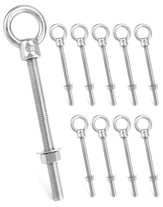 QWORK Threaded Eyebolts, 10 Pack 1/2"x6" Long Stainless Steel Marine Grade Shoulder Eye Bolt