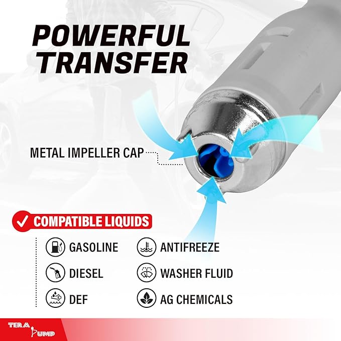 TERA PUMP Fuel Transfer Pump w/Quick Flow Control Nozzle | Telescopic Tube, Rechargeable Battery, 10FT Discharge Hose, Gas, Diesel, Water, 2.7 GPM