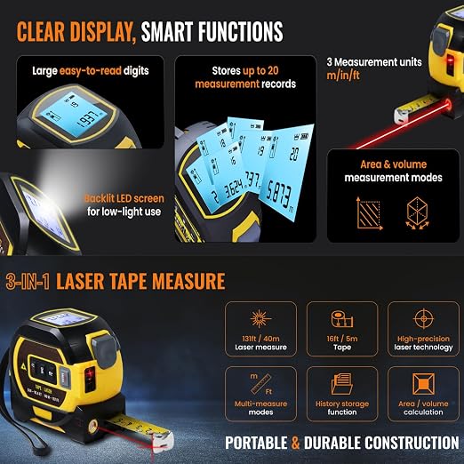 3 in 1 Digital Laser Tape Measure | Laser Level Crosshairs | 130ft/40m Laser Distance + 16ft/5m AutoLock Tape | Backlit LCD Display (Ft/Inch/M/mm & Fractions)