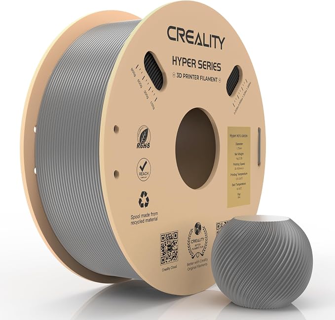Creality PETG Filament, Hyper 1.75 mm 1 kg PETG: High-Speed 3D Printer Filament 30-600 mm/s, Dimensional Accuracy +/- 0.02 Cardboard Spool (2.2 lbs) for Most FDM 3D Printers,Grey