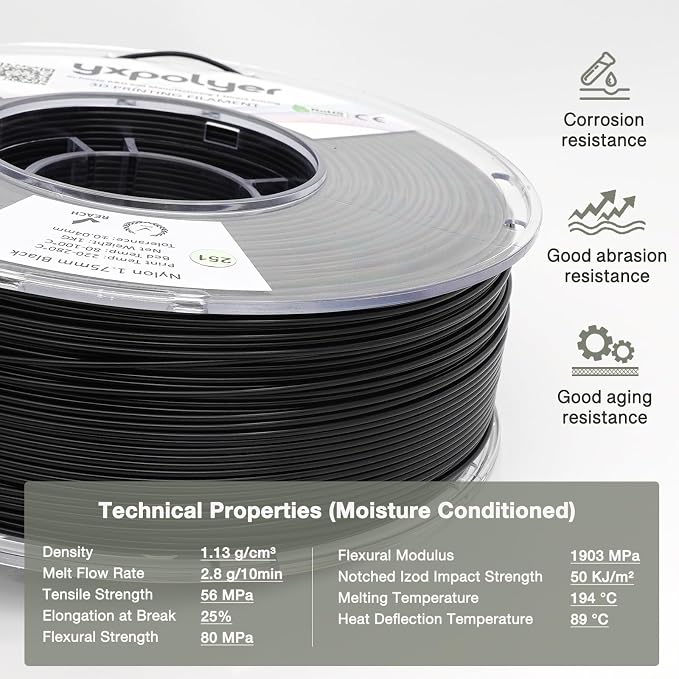 YXPOLYER Nylon Filament PA6 Black Easy PA 3D Printing Filament 1.75mm 1kg | Easy to Print, AMS Compatible Spool, Engineering-grade, Low Warp, FDM Printer, Pre-dried, High Speed Low Temp Printing