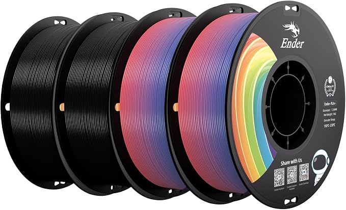 Creality PLA+ Filament 1.75mm 4KG, 3D Printer Filament 4 Pack 1kg Cardboard Spool, Strong Toughness,Multi-Color 3D Printing Filament for Most FDM Printers(2 Black 2 Rainbow)