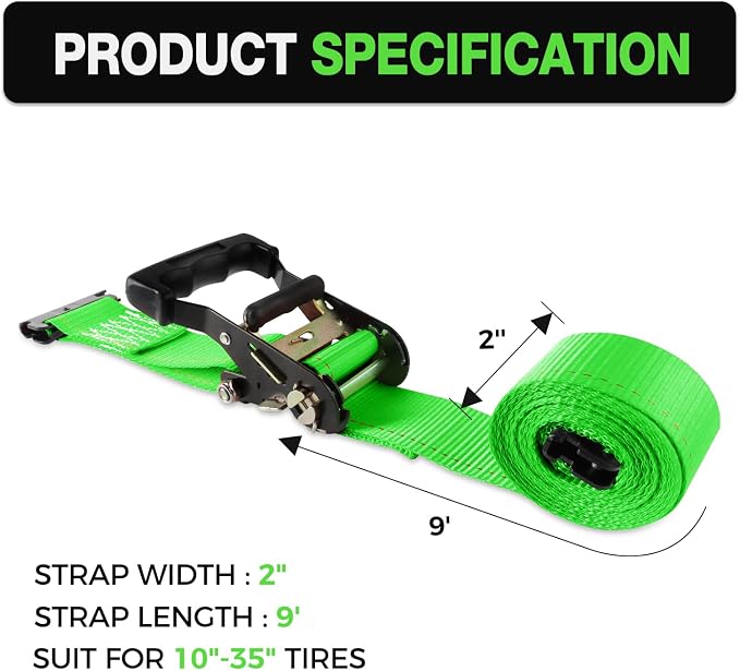 Wheel Chock Tie Down Kit (4,500lb Break Strength) Heavy Duty Trailer Tire Straps System for ATV, UTV, Lawn Mower & More - Ratchet Tie Downs Accessories with E Track for Four Wheeler Green