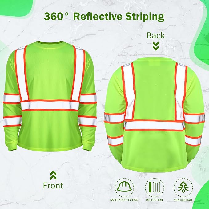 Zhanmai 6 Pack Safety Long Sleeve, Class 3 High Visibility T Shirt with Reflective Strips for Work Surveyor Construction