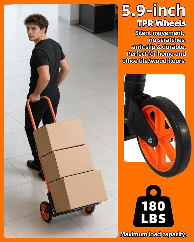 Folding Hand Truck, 180Lbs Capacity, Portable Dolly Cart with 5.9" Wheels and Telescoping Handle, Lightweight Hand Truck Dolly for Dormitory, Home, Office, Food, Shopping, logistics, Warehouse, Orange