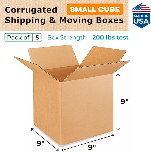Small Cube Moving & Shipping Boxes 9 x 9 x 9 inches (5-Pack) - Extra Strength 200 lb vs Regular - USA-Made Corrugated Durable Cardboard Boxes - Box for Packaging - Moving Supplies Box by IDL Packaging