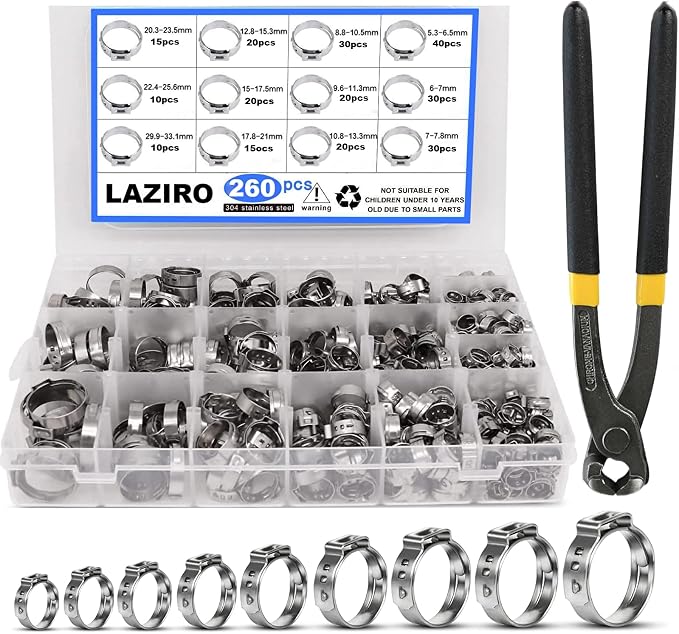 260 PCS 12 Sizes Single Ear Hose Clamps, 5.3-33.1mm 304 Stainless Steel Crimp Hose Clamp Assortment Kit with Ear Clamp Pincer, Cinch Rings Crimp Pinch Tools for Securing Pipe Hoses Automotive Use
