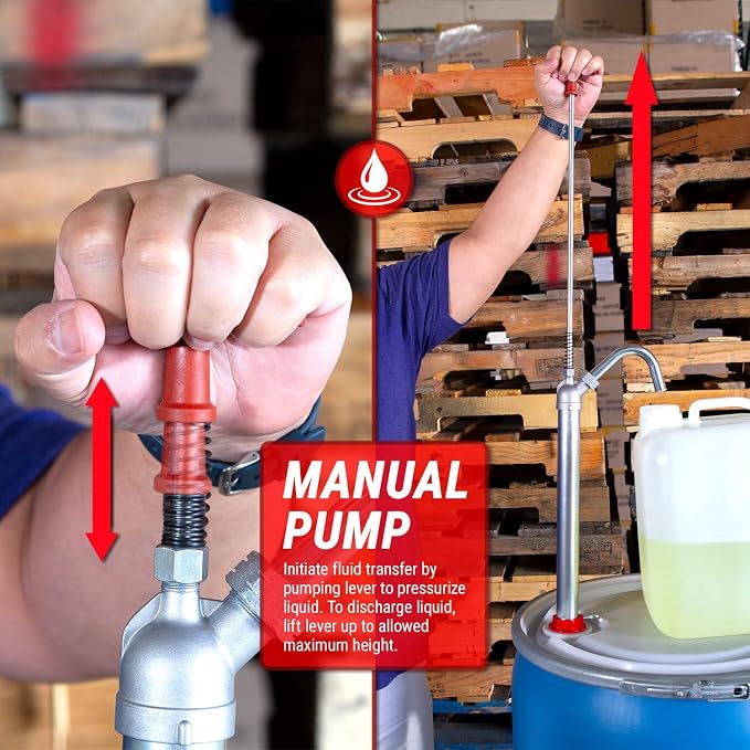 TERA PUMP Fast Flow Manual Powered Lift Action Steel Drum Light oil (up to 40), Hydraulic Fluid, Portable Heavy Duty Pump For Use On 15, 30, and 55 gallon drum barrel w/Telescopic Tube