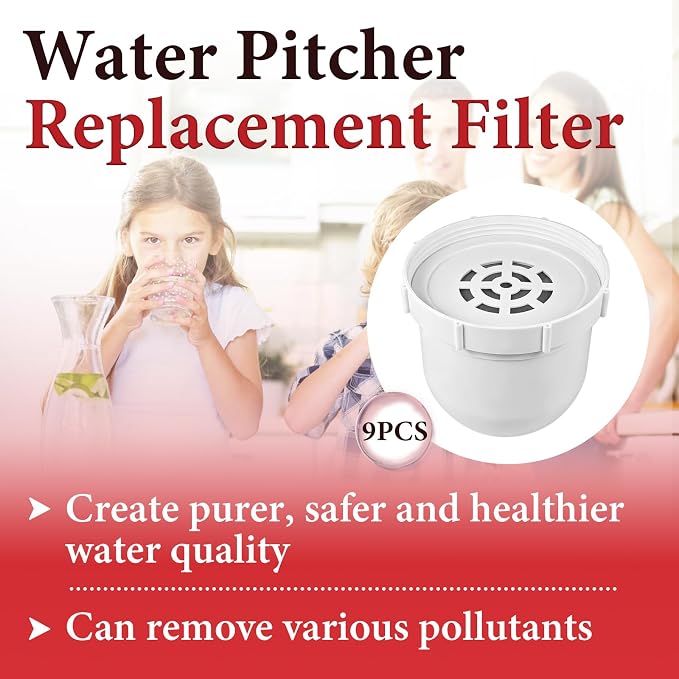 9 Pcs Water Pitcher Filters Compatible with Clearly Filtered Water Pitcher | with 1 Pre-Rinse Bag, Coconut Shell Activated Carbon, BPA-Free, Fluoride & Heavy Metals Reduction, 100 Gallon Long-Life
