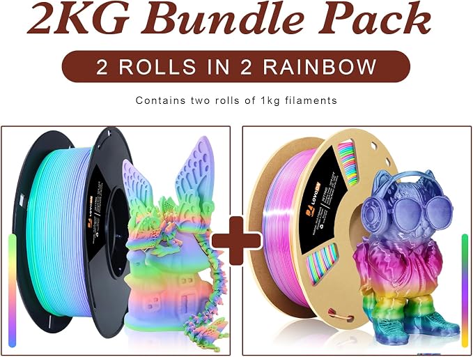 LOVOON 1.75mm 3D Printing Filament Bundle 2 KG, Silk and Matte Rainbow PLA Filaments Bundle Color Changing by Length 3D Printer PLA Filaments, Gradient Rainbow PLA,1KG X 2 Spools