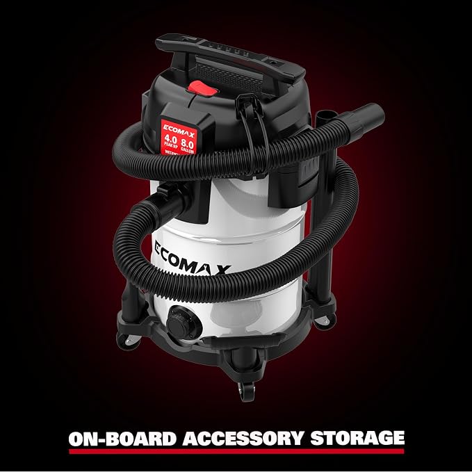 ECOMAX 8 Gallon Ultra Quiet Stainless Steel Shop Vacuum Wet and Dry | 4 Peak HP, 80% Quieter Operation, Durable Long Life Motor, Portable Vacuum for Garage, Workshop, Jobsite, Complete Accessory