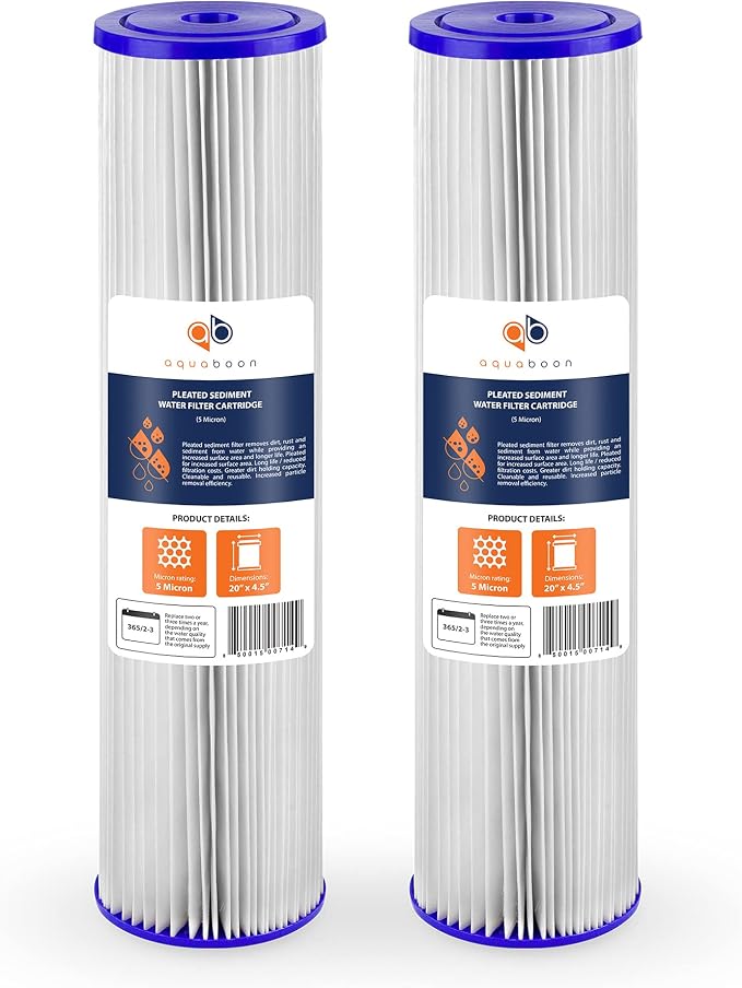 Aquaboon 5 Micron 20 x 4.5 Whole House Pleated Water Sediment Filter Replacement Water Filter Cartridge Compatible with ECP5-20BB, SPC-45-2005, 2-Pack