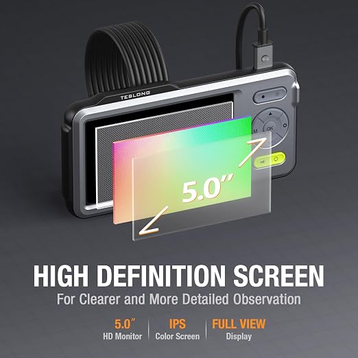 5mm Dual Lens Inspection Camera, Teslong Borescope with LED Light, HD Industrial Endoscope, 5" IPS Screen, Waterproof Video Scope Camera, Flexible Cable for Home/Automotive/Pipe/Car/Wall(16.5FT)