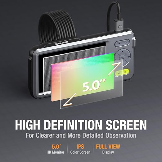 5mm Dual Lens Inspection Camera, Teslong Borescope with LED Light, HD Industrial Endoscope, 5" IPS Screen, Waterproof Video Scope Camera, Flexible Cable for Home/Automotive/Pipe/Car/Wall(5FT)