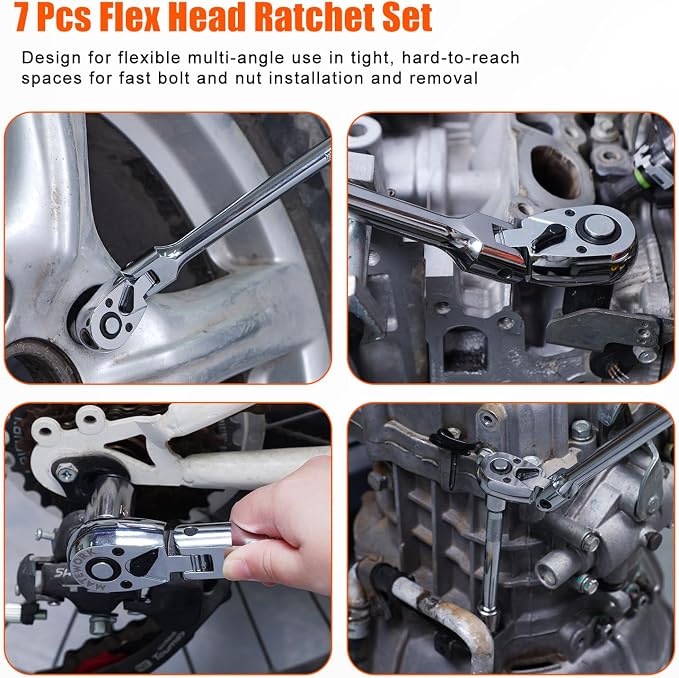 Matework 7Pcs Flex Head Ratchet Set, 1/4”, 3/8” and 1/2” Drive Swivel Ratchet Wrench with 180° Flex Head, 90 Tooth, Quick-Release, Extra Long Handle Ratchet with Extension Bar and EVA Foam, CR-V Steel