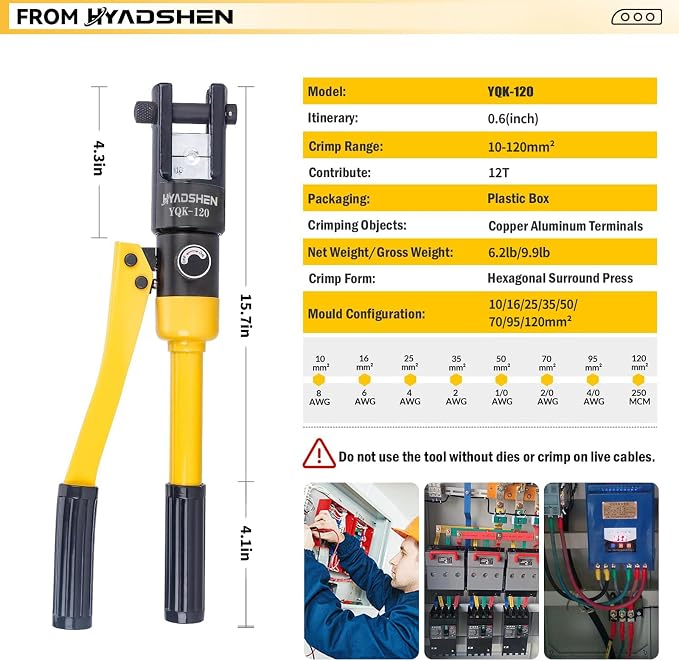 12 Ton Hydraulic Crimping Tool 8 AWG to 250MCM, Battery Cable Lug Terminal Crimper With 8 dies，Easy to Operate Hydraulic Wire Crimping Tool Kit for Wire Rope