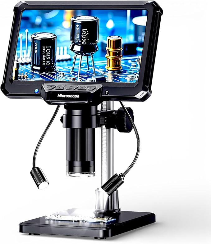 7" Digital Soldering Microscope with Remote for Electronics Repair, 1200X IPS Screen PCB Magnifier, 16M 1080P USB Output, 2 Gooseneck Side Lights for SMD Microsoldering (MK7)