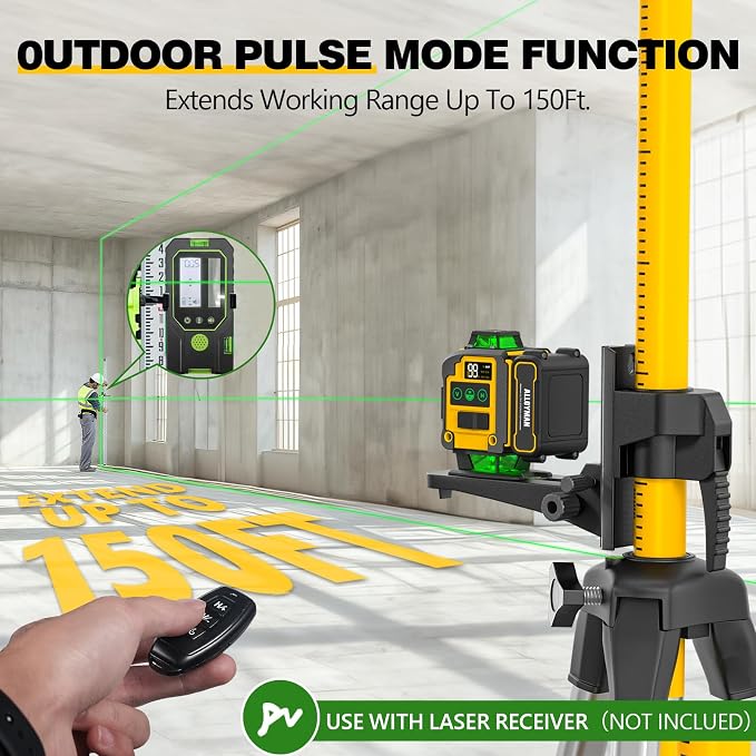 Alloyman 4x360°Self Leveling Laser Level, 12 Ft./3.7M Professional Laser Level Pole with Tripod, Green Line Lazer Leveler Tool with 2* Li-ion Batteries for Picture Hanging, Tile, Home Renovation