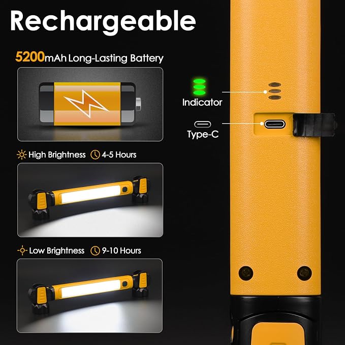 Ropelux Mechanic Work Light Bar with 2500LM 5200mAh Battery, Orange 2 Pcs | 2-Level Brightness, 7500K Cool White, 4-10 Hours Runtime, Magnetic Bases, Hooks, 360° Rotating, Rechargeable, Tool Gift