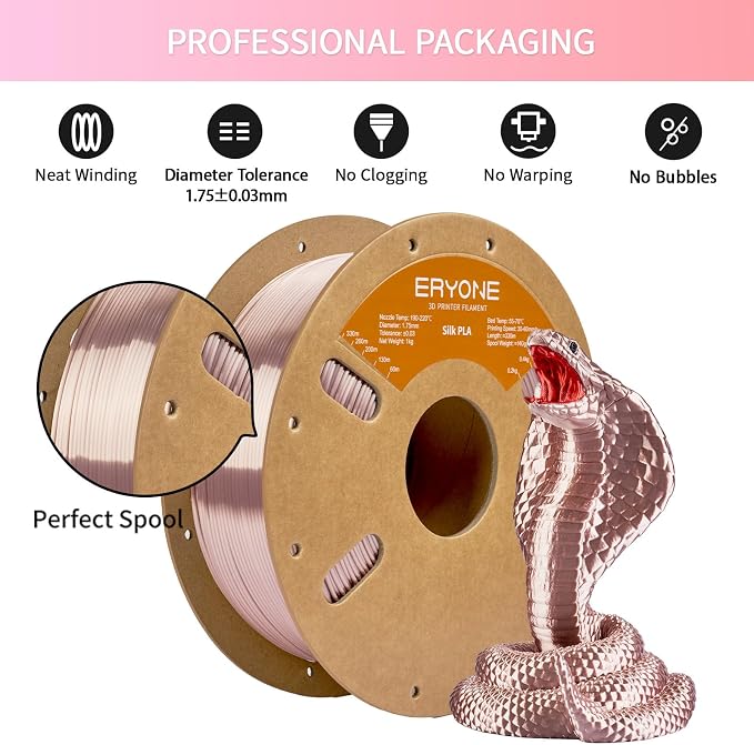 ERYONE Silk PLA Filament for 3D Printer 1.75mm +/- 0.03mm, Shiny Filament 1kg (2.1lbs)/Spool, Rose Gold(Champagne Pink)