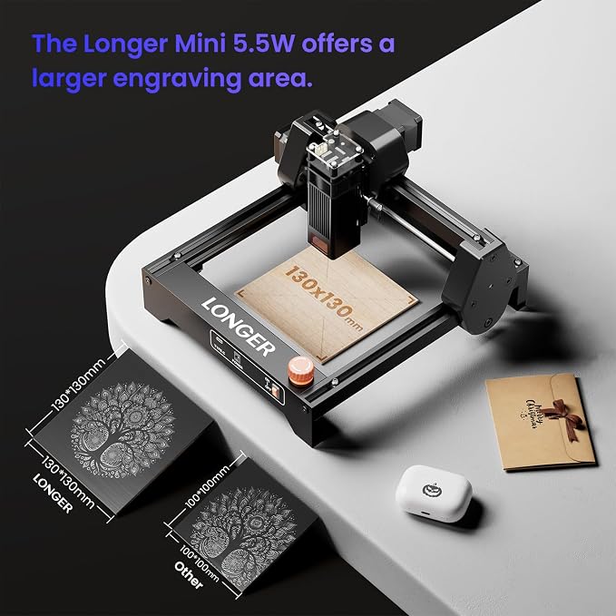 LONGER Ray5 Mini Laser Engraver, 5.5W Portable Laser Engraver & Cutter, 12000mm/min High-Speed, for Wood, Acrylic, Glass & Leather, 130x130mm Work Area, Ideal for Small Business & DIY, WiFi Compatible