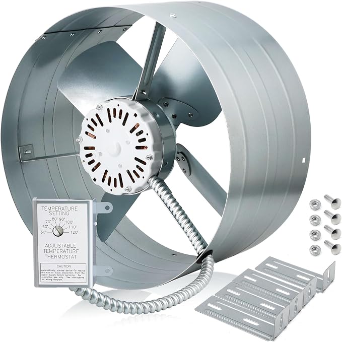 Hiorucet Upgraded 15 Inch Exhaust Fan, 1600CFM 2400 SQF Low Noise Gable Vent Attic Fan with Adjustable Thermostat, 14 Inch Blade and Permanently Lubricated Motor, 1050RPM Gable Mount Fan.