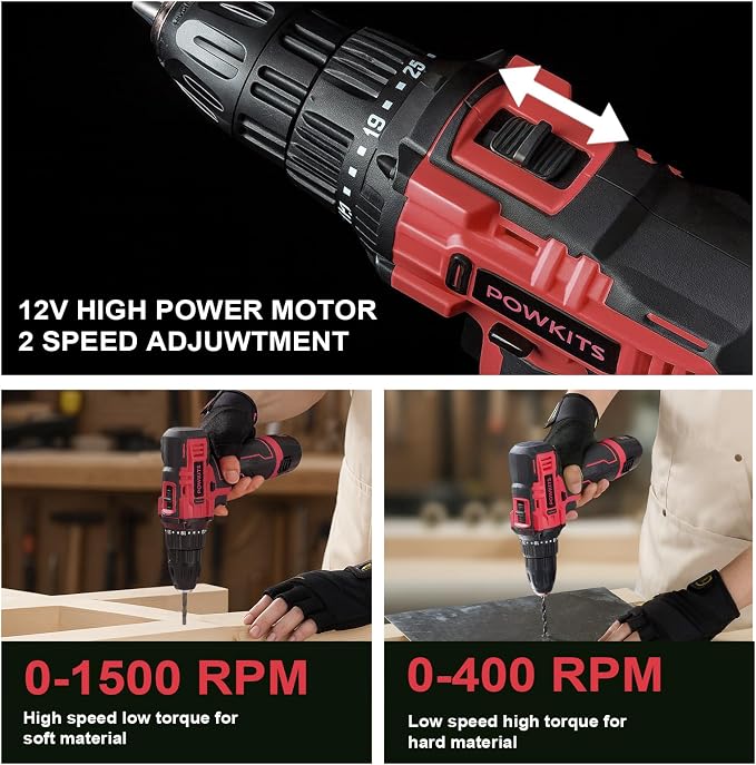 Cordless Drill Tool Set: 12V Power Drill Tool Kit with Battery & Charger, 25+1 Torque Setting, Portable Household Basic Drills Case for Men & Women, 2-Speed Electric Drill Set, 142 Piece, Red