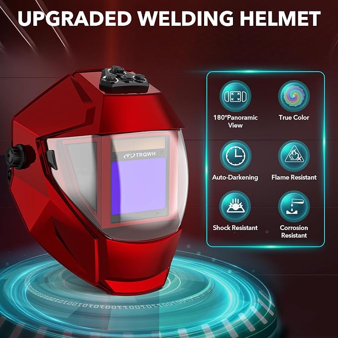 TRQWH Panoramic View Welding Helmet Auto Darkening Welding Hood True Color 4 Arc Sensor Welding Mask Large Viewing 3.94" x 3.15" Wide Shade 4/5-9/9-13 Weld Helmet for TIG MIG ARC Weld (Red)
