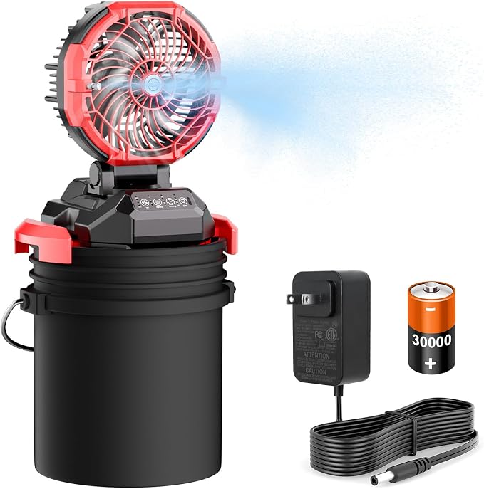 Portable Misting Fan, 30000mAh Rechargeable Battery Powered Floor Cooling Fan with 4 Strong Winds, 4 Spray Mister, Adjustable Base for 10-13in Bucket for Camping, Beach, Patio (Red, Medium)