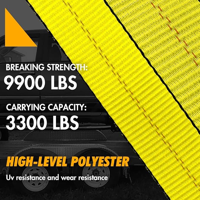 Heavy Duty Car Tie Down Straps (4PK) - 2" x 96" - 3,300 lbs Safe Working Load - Wheel Straps Comes with 5/16" Tow Hooks (Yellow)