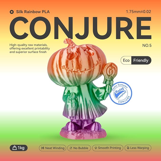 Conjure Silk Rainbow PLA 3D Printer Filament, Multicolor Rainbow PLA Red Orange Yellow Green Macaron Filament 1.75mm 3D Printing Filament 2KG/4.4LB
