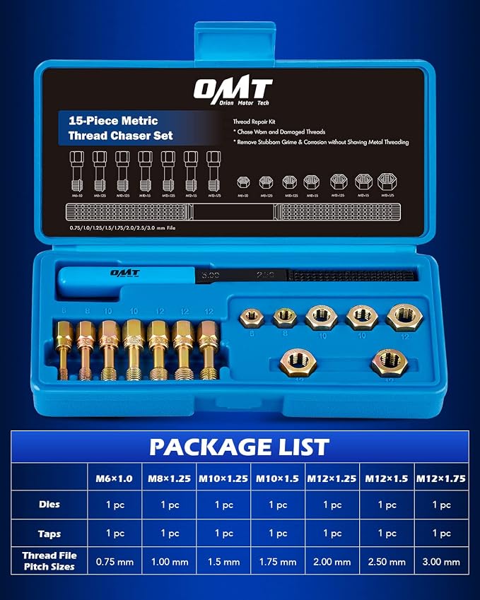 Metric Thread Chaser Set, 15-Piece Rethreading Tool Kit for M6 M8 M10 M12 | Master 15-Pc Restorer Set Includes 7 Taps, 7 Dies, and 1 Thread File. Durable Coated Steel. Hex Shape. Storage Case Incl