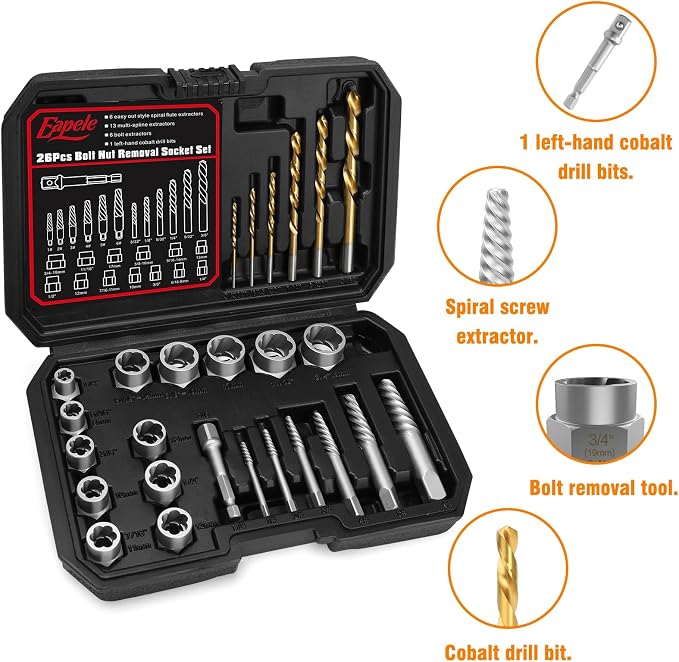 Eapele Bolt Extractor Set, Stripped Nut Remover Twist Sockets, Fit 3/8" Square Drive with Solid Storage Case(26pcs, Black)