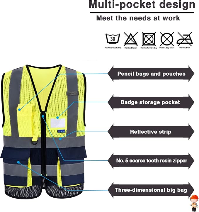 A-SAFETY Reflective Safety Vest, Reinforced Points, Zipper, Yellow/Navy, L | Yellow/Navy L work vest with reinforced pockets, clear ID holder and mic tabs for warehouse logistics and assembly work.