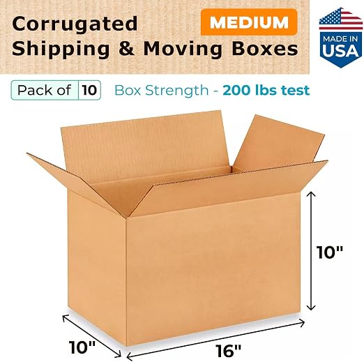 Medium Shipping & Moving Boxes 16x10x10 inches (10-Pack) - Extra Strength 200 lb vs Regular - USA-Made Corrugated Packing Boxes for Moving - Cardboard Box - Packaging Box by IDL Packaging