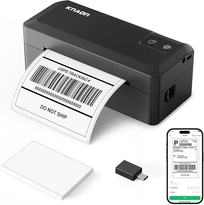 KNAON Shipping Thermal Label Printer, 4x6 Portable Label Printer, Bluetooth Label Maker for Small Business, Support iPhone,Android,Windows,Mac,Chromebook,Works with USPS, Etsy,Shopify&More, Black