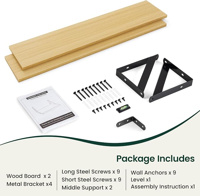 Floating Shelves 8 Inch Deep, 36W x 8D Wall Shelf Set of 2, 60 lbs Heavy Duty Reversible Metal Brackets, Industrial Book Shelf for Living Room Kitchen Bathroom Bedroom Gallery Wall, Oak