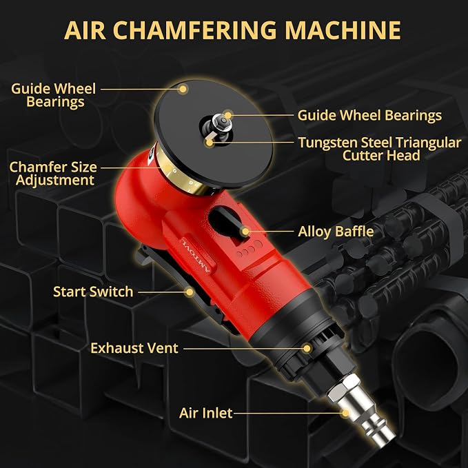 AMTOVL Pneumatic Chamfering Tool - Mini Air Chamfer Tool with 10 C-Angle & 10 R-Angle Blades, 45° 30000 RPM Chamfering Tool for Metal and Wood with 1/4" Air Inlet