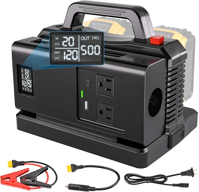 Adisipsoarin 500W Pure Sine Wave Power Inverter for DeWalt 20V Battery, 2-Ports DC 20V to AC(2 Outlets) 120V Car Charger Plug Inverter Adapter Converter for Camping, Travel, Emergencies(Tool Only)