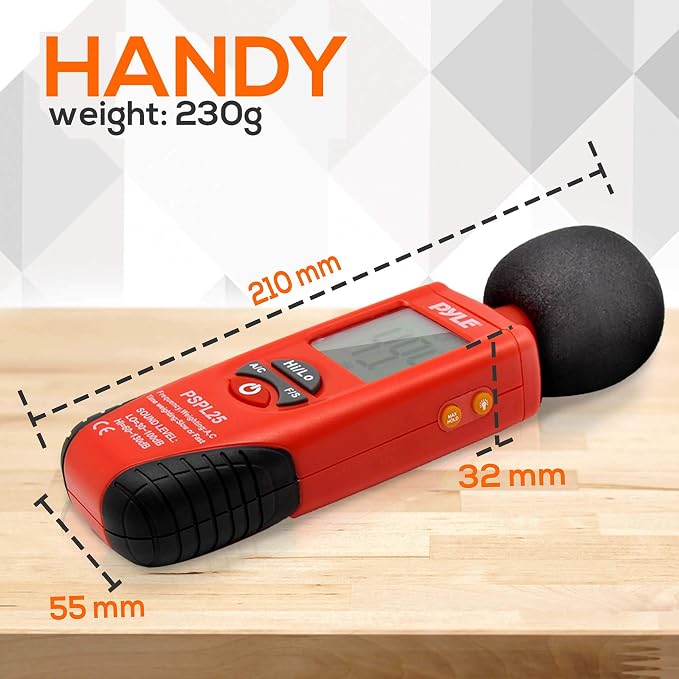 PYLE PSPL25 Digital Handheld Sound Level Meter with A & C Frequency Weighting for Musicians, Red/Black