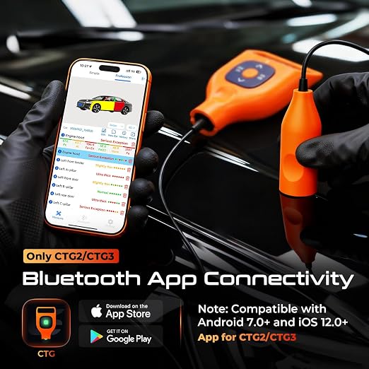 Professional Paint Thickness Gauge with APP & External Probe, 0-9900 μm (0-390 mils) Coating Thickness Meter, Auto Fe/Al/Zn/Fe(C) Detection, 0.1μm Resolution, ±(2%+1μm) Accuracy for Paint Inspection
