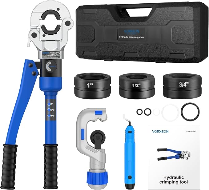Hydraulic Copper pipe crimper with pipe cutter, Propress tool Vus Dies 1/2", 3/4", 1" With 360° Rotating head For Copper tube, Carbon/Stainless steel Pipes, With Durable Storage Case