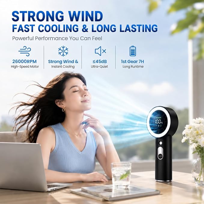 Portable Handheld Turbo Fan with Mist, Ice Cooling Powerful Fan 26000 RPM, 1-199 Speed Adjustable Personal Fan, Dynamic RGB Light, LED, 5000mAh Battery, Flashlight for Travel Office, Home and Outdoor