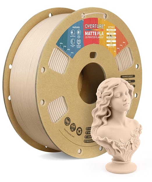 OVERTURE Matte PLA 1.75mm, Low Warp & Smooth Finish 3D Printer Filament | Frosted Matt Finish Hides Layer Lines, 1kg Spool (2.2lbs) Cardboard Spool, Fit Most FDM Printer (Matte Skin)