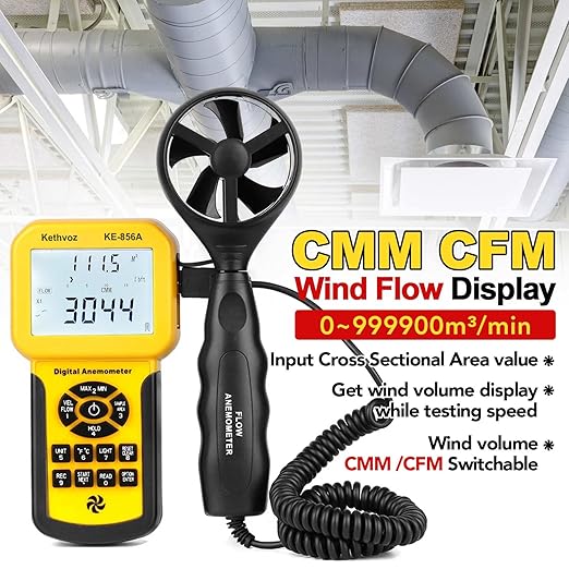 Kethvoz 856A HVAC Anemometer, Commercial CFM/CMM Air Flow Tester w/USB Data Storage & PC Connect - Measures Wind Speed, Air Volume, Temperature for AC, Ducts, Dust Collection Systems