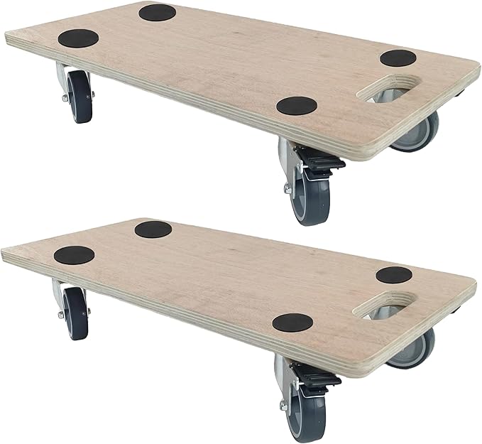 Furniture Dolly 4 Wheels, Furniture Movers, 2 Packs 2200 lb Load Capacity Heavy Duty Real Wood Dolly, Multifunctional Moving cart with 4 Soft Rubber Silent Wheels （2 with Brake+ 2 Without）