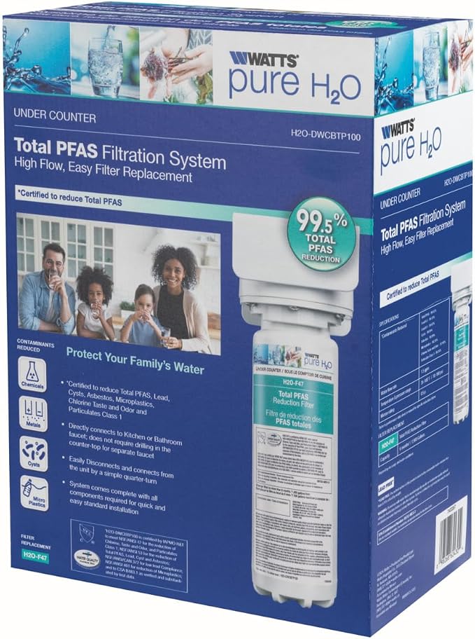 Watts Premier H2O-DWCBTP100 Single-Stage Total PFAS Reduction Under Counter Water Filtration System, Reduces Forever Chemicals, High Flow Rate 1.5 GPM, 1/4 Turn Quick Change, 1,900 Gallon Capacity