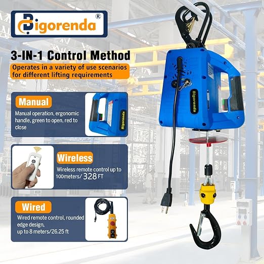 3-in-1 Electric Hoist Winch with Wire Wireless Remote Control,1100lb Portable Electric Power Winch,1500W Electric Hoist Crane,26FT Lifting Height, for Warehouse, Lifting Towing, Garage