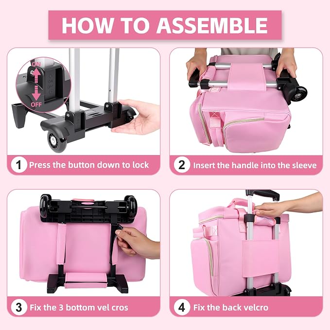 Rolling Teacher Bag with Detachable Cart - 1680D Waterproof Oxford Rolling Cart for Teachers, Large Capacity Tote with Wheels Fits 15.6" Laptop & Tablet(PINK)