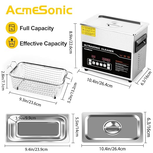 Ultrasonic Cleaner 3L Dual-Frequency Professional Digital Stainless Steel Cleaning Machine with Heater Timer for Denture, Coins, Small Metal Parts, Circuit Board, Lab Tools, etc